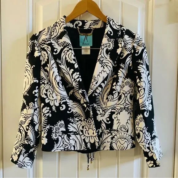 Marciano Black & White Paisley Corset Tie Back Cropped Silk Blazer | Size 4 - Picture 1 of 12
